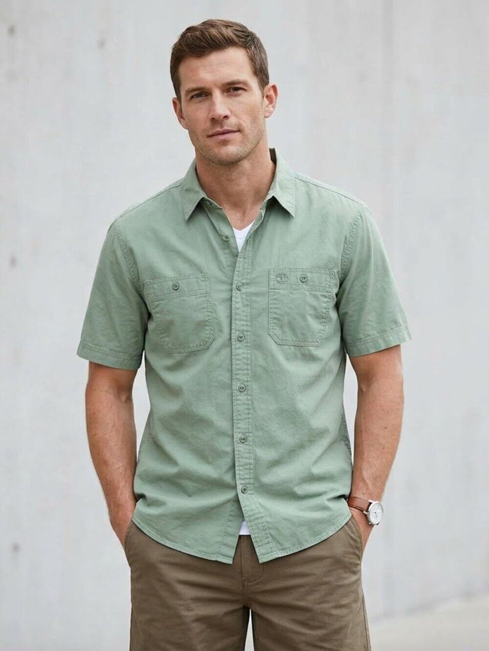 Timberland Men's Short-Sleeve Button-Up Shirt - Sage Green Size L